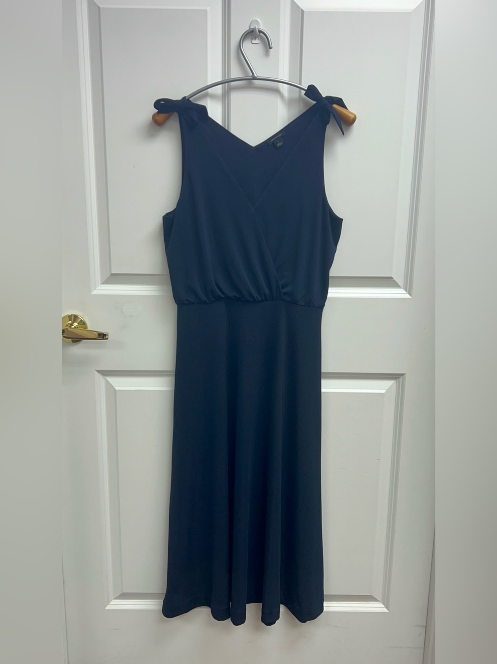 Ann Taylor Navy Matte Jersey Midi Shoulder Tie Flare Dress Size Small
